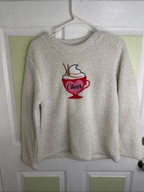 Holiday Time Cream Sherpa Crewneck with Red Cup 'Cheer' Patch
